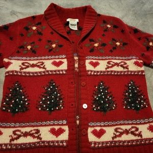 Christmas cardigan sweater collared wool blend Talbott Lg button trees red